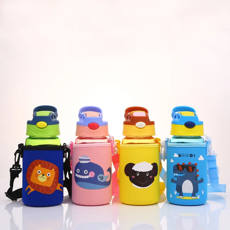 Cute bpa free kids insulated plastic milk bottle water with cloth shell and straw