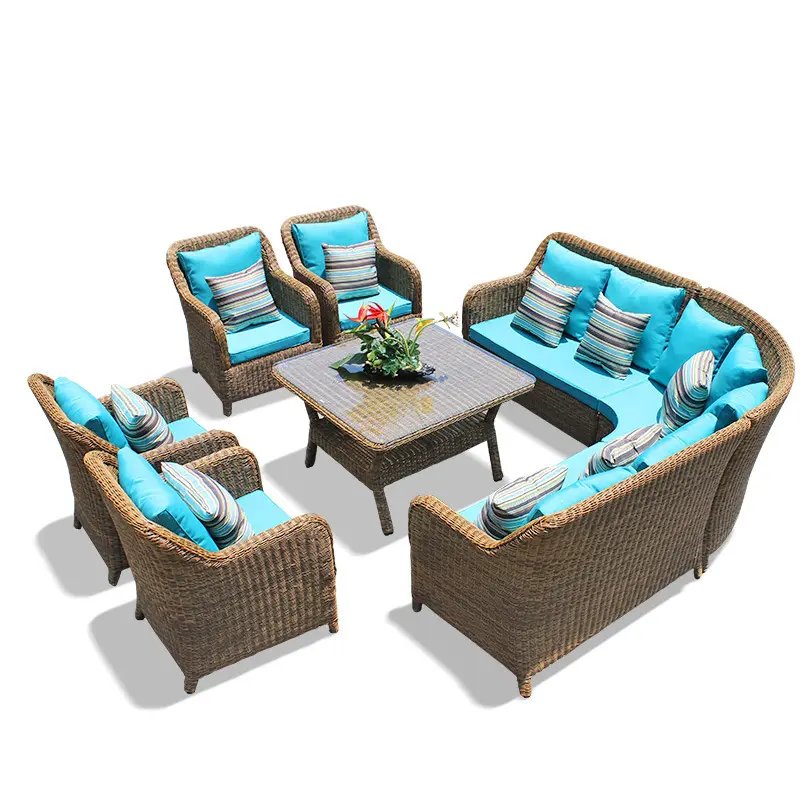 Muebles de jardín de alta calidad, marco de aluminio, sofá de patio tejido de ratán, muebles de jardín al aire libre, juego de sofás