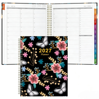 Agenda spirale A4 2027 – Motif floral papillon – Journal mensuel et horaire – Onglets mensuels colorés – Papier de bureau et scolaire de haute qualité