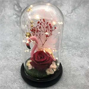 Factory direct new Christmas decoration artificial flowers flamingo eternal rose in glass with LED light