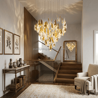 Lustre en verre en forme de feuille pour projet d'ingénierie, idéal pour hall d'hôtel, escalier, plafond haut, grande lampe suspendue en cascade