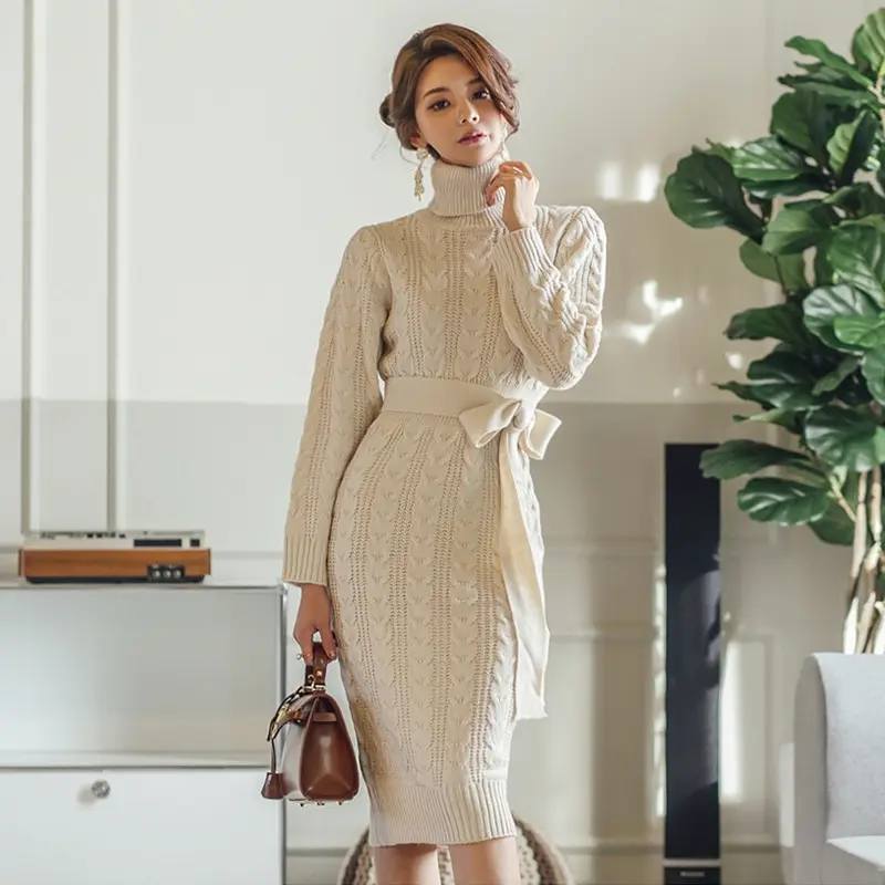 Winter Twist Solid Color turtleneck dress Cotton autumn Slim thermal knitted Sweater Dress beige