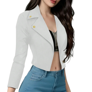 Veste de costume chic pour femme, style motard blanc, boutons dorés, coupe courte et ajustée, pour le bureau décontracté ou les occasions professionnelles légères - Product Image 1