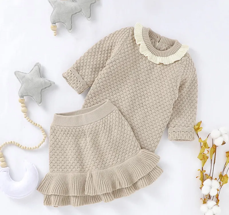 Fashion Baby Girls Clothes Autumn Winter Warm Knitted Newborn Infant Long Sleeve Sweaters Shirt+Skirt Outfits Sets 2pcs Knitwear