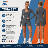 Nahtloses 2-teiliges Yoga-Set für Damen mit langem Reißverschluss, langärmligem Crop-Top und hochtaillierten Shorts, Workout-Gym-Activewear-Trainingsanzug