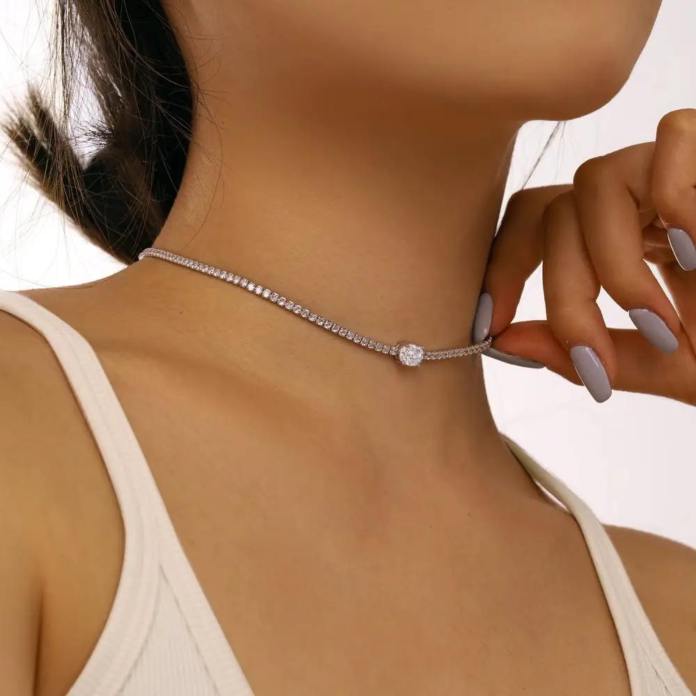 Fine Jewelry Women Choker Tennis Necklace 925 Sterling Silver 1ct 2ct Radiant Cut 5A 8A Zirconia Sparkling Tennis Necklace