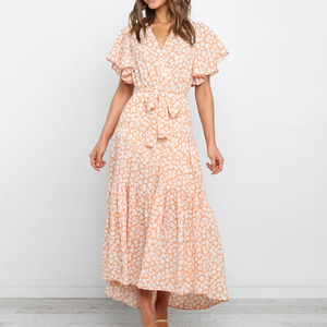 Fladderende Mouw A-Lijn Ruche Zoom Midi Jurk Koraalroze Feestjurken Gebloemde Knoop Wikkeljurk - Product Image 5