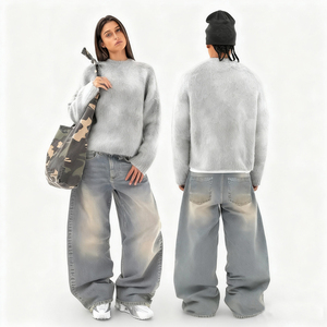 Jeans en denim de coton DiZNEW avec logo personnalisé, finition brossée, pantalon large pour hommes, vente en gros - Product Image 2