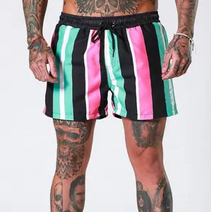 Custom multifunctional mens casual beach gym fitness stripe three quarter shorts