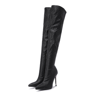 Bottes hautes noires à talons aiguilles pour femme, style plaid, chaussures à talon, bottes tendance pour dames - Product Image 5
