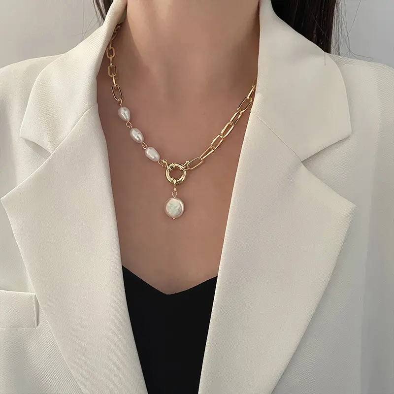 European Antique Gold Color Thick Link Chain Pearl Choker Necklace Freshwater Pearl Pendant Necklace Women