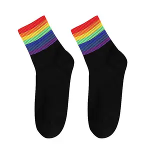 Manufacturer Custom Women Fashion Striped Rainbow Socks Unisex Crew Socks White Black Cotton Socks