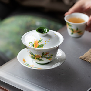 Hand Painted Osmanthus Three Piece Gaiwan Porcelain <b>Tea</b> Bowl With Lid Kung Fu <b>Tea</b> <b>Set</b> Household Use - Product Image 4