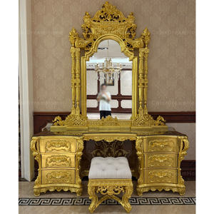 <strong>Victorian</strong> Style Bedroom Furniture <strong>Dressing</strong> <strong>Table</strong> with Mirror and Stool Gold Finish Handmade and Storage Features - Product Image 2