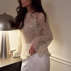 Chemises en tricot pour femmes, fabrication sur mesure en usine, marque privée, tricot à sequins, crochet, plage, élégantes, printemps été, pour femmes - Product Image 2