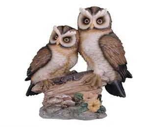 Polyresin Tan and Brown Owls Perched On Tree Log Figurine, 6.5"