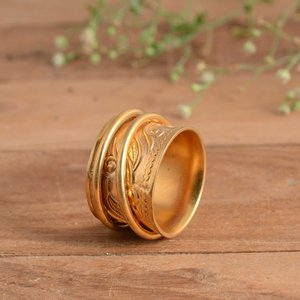 Handmade Brass 14K Gold Plated Modern Flower Textured Meditation Worry Ring with Bezel Setting for Stress Relief Fidget Spinner - Product Image 2