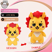 Peluche de dragon jaune mignon de dessin animé avec crinière rouge, cornes orange et joues roses