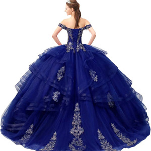 Royal Blue Off Shoulder Puff Skirt Performance Dress Women Stage Costume Long Skirt Polyester Vocal Art Exam Wear - Product Image 2