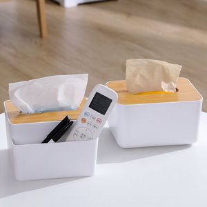 Tissue Box With Storage Compartment Wooden Lid Rectangular White PP Material For Living Room Bedroom Home Use - Product Image 3
