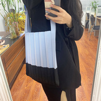 Sac fourre-tout tricoté pour femmes-Sac à main plissé à blocs de couleurs, sac à provisions décontracté extensible avec design froncé, réutilisable au quotidien