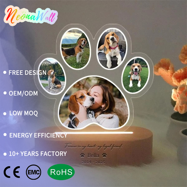 Custom Pet Photo LED Night Light, Personalized Paw Photo Collage Acrylic Lamp for Pet Lovers