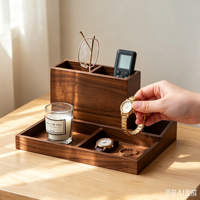Boîte de rangement de bureau en bois avec 3 compartiments de rangement, plateau porte-stylos