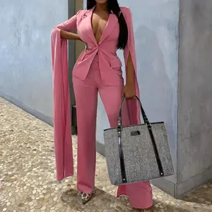 New Black Girls Sexy Slim Suit Jackets Wide Leg Pants 2Pcs Set Ins Single Button Slit Long Sleeve Blazer Suit Coat Formal Suit