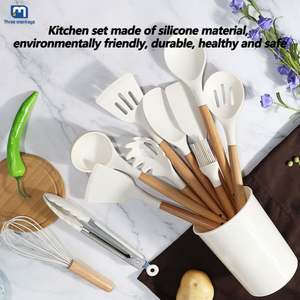 BPA Free Kochgeschirr Set Silikon löffel Spatel Turner Zange <span class=keywords><strong>12</strong></span> PCS Holzgriff Küchen utensilien Set - Product Image 4