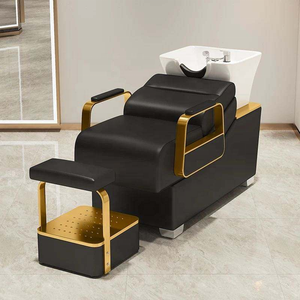 Fauteuil de lavage en cuir PU noir pour salon de coiffure avec repose-pieds réglable, structure métallique et lavabo en céramique - Product Image 1
