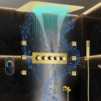 Système de douche thermostatique LED doré brossé avec haut-parleur musical, 6 jets latéraux, douchette à main et télécommande