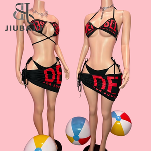Set Bikini Pantai Musim Panas Motif Huruf Hitam 3 Potong Set Rok Seksi Pakaian Klub Wanita 2025 Baju Renang - Product Image 1
