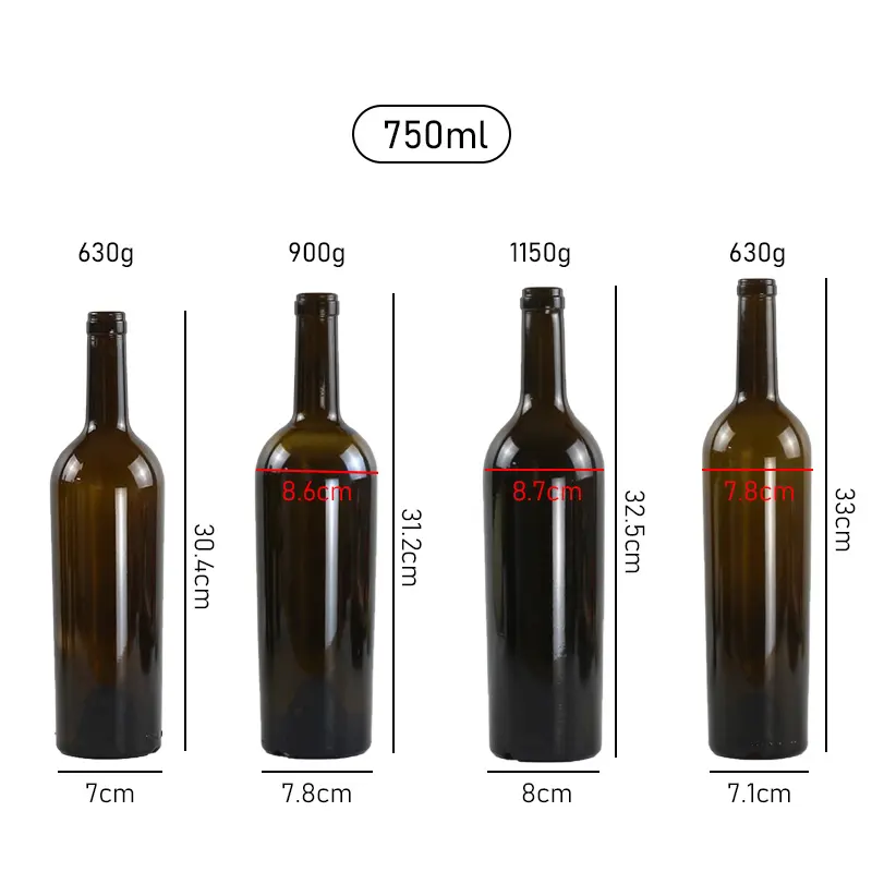 زجاجة نبيذ 750 مل دائرية باللون الأخضر الزيتوني مع كتف واسع وفم مستقيم بغطاء مطاطي، شاشة نبيذ حمراء جافة سادة مع سطح مطبوع