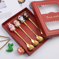 Ensemble de 6 cuillères et fourchettes en acier inoxydable avec poignée d'animaux mignons, cuillère à dessert dorée, fourchette à fruits, boîte cadeau pour enfants, fête de naissance
