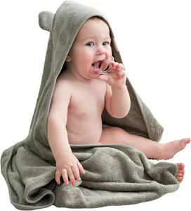 600GSM 89*89cm ultra soft bamboo cotton absorbent baby hooded bath towel with bear ears for newborn infant