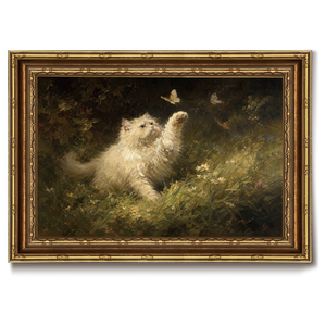 Cuadro en Lienzo con Marco Dorado Vintage Ornamentado, Pintura al Óleo de Gatito Blanco Esponjoso Perseguiendo Mariposas, Decoración Rústica para Cabaña en la Pradera, OEM ODM - Product Image 1