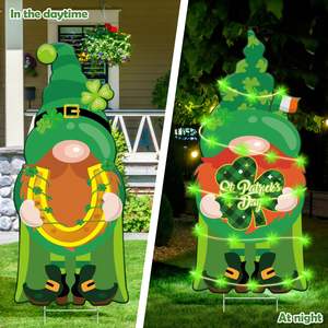 St. Patrick's Day Outdoor Patio Sign with LED <b>Lights</b> Featuring a Dwarf and Shamrock Decoration Perfect <b>Garden</b> <b>Lights</b> - Product Image 4