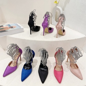 Sandales d'extérieur pour femmes à talons aiguilles, dessus en satin doux, talons fins, diamants brillants, brides de cheville, printemps, automne, été - Product Image 6