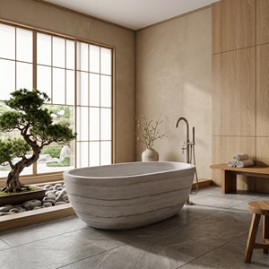 Baignoires Modernes Sur Mesure de Luxe, Exclusives en Marbre Blanc / Marbre Blanc et Bois, Autoportantes pour Salles de Bain de Villas et Hôtels - Product Image 1