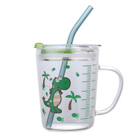 Tasse à eau en verre transparent avec échelle enfants enfants dessin animé tasse en verre de lait avec paille et poignée de couvercle en Silicone