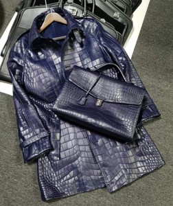 Men's Blue 100% Crocodile <b>Leather</b> <b>Long</b> <b>Jacket</b> With Turn-down Collar Formal Winter Coat proof Thick Single Breasted - Product Image 6