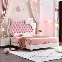 Cama Tapizada en Cuero Rosa con Cabecera de Hello Kitty, Estructura de Cama Estilo Princesa con Cajones para Dormitorio de Niñas