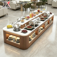 Comptoir de buffet d'hôtel sur mesure avec finition bois, vitrine de présentation alimentaire pour la restauration avec éclairage LED et rangement pour vaisselle, idéal pour les banquets de restaurant