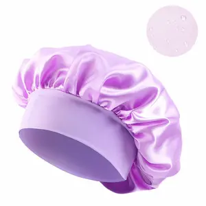 HZM-23242 Reusable Waterproof Silky Satin Bonnet For Women Double Layer Polyester Shower Cap Bathing Cap with EVA lining