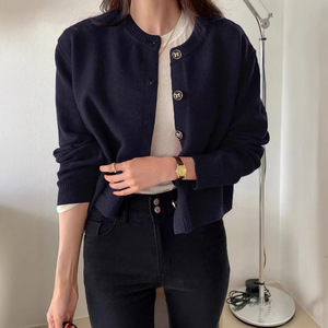Light Blue Knitted <b>Cardigan</b> One Size Round Neck Solid Color Soft Sweater For Women Spring Autumn Wear - Product Image 2