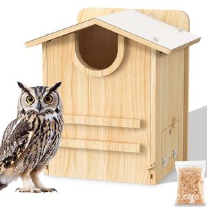 Caja de nido de madera para búhos, para montar en pared exterior, acabado natural, casa para pájaros para cría en jardín - Product Image 1