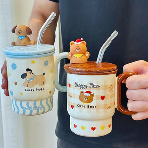 Zuo Mu <b>Ceramic</b> <b>Mug</b> With Lid And Straw Insulated Cute Bear Cat Design For Home Office Gift Spring 2025 - Product Image 5