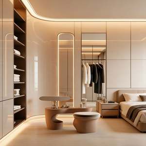 Modern Luxury Wooden Bedroom Wardrobe Set with <b>Mirror</b> <b>Panels</b> & Integrated Lighting Customized Organizer Closet with Niche Design - Product Image 4