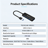 TECHCLAW HB2011 Hub USB 3.0 4 ports, adaptateur répartiteur USB, transfert haute vitesse pour ordinateur portable, PC, clé USB, souris, clavier