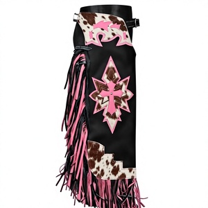 Guêtres longues en cuir de vachette à motif western avec pompon rose et appliqué pour femmes, pour l'équitation - Product Image 1